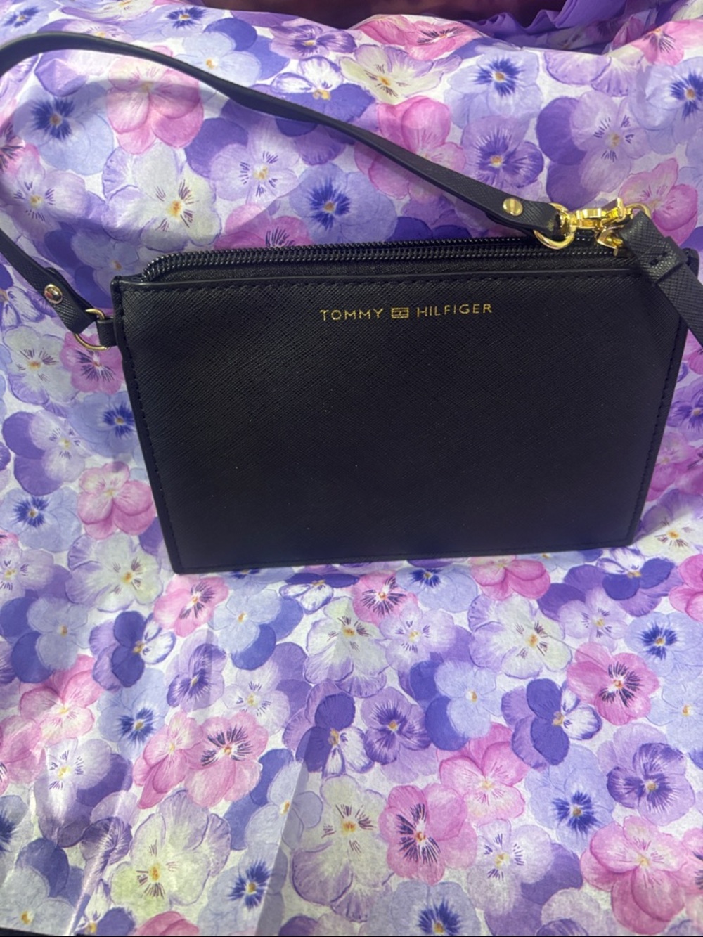 Tommy Hilfiger Black Leather Wristlet Clutch with Gold-Tone Logo